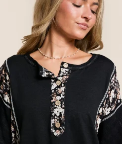 Daytrip Pieced Floral Henley Black Discount