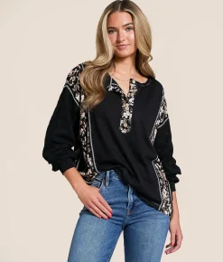 Daytrip Pieced Floral Henley Black Discount