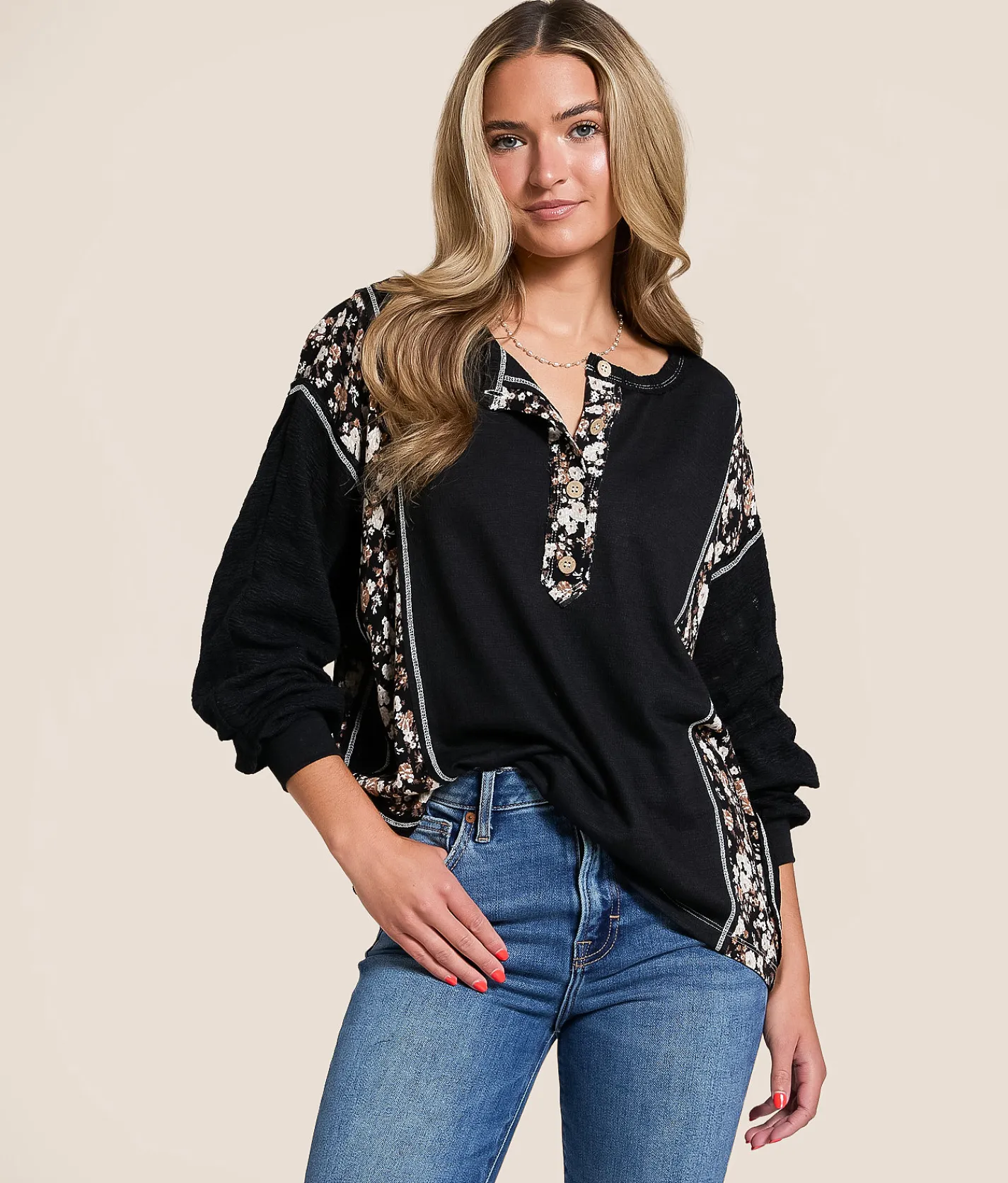 Daytrip Pieced Floral Henley Black Discount