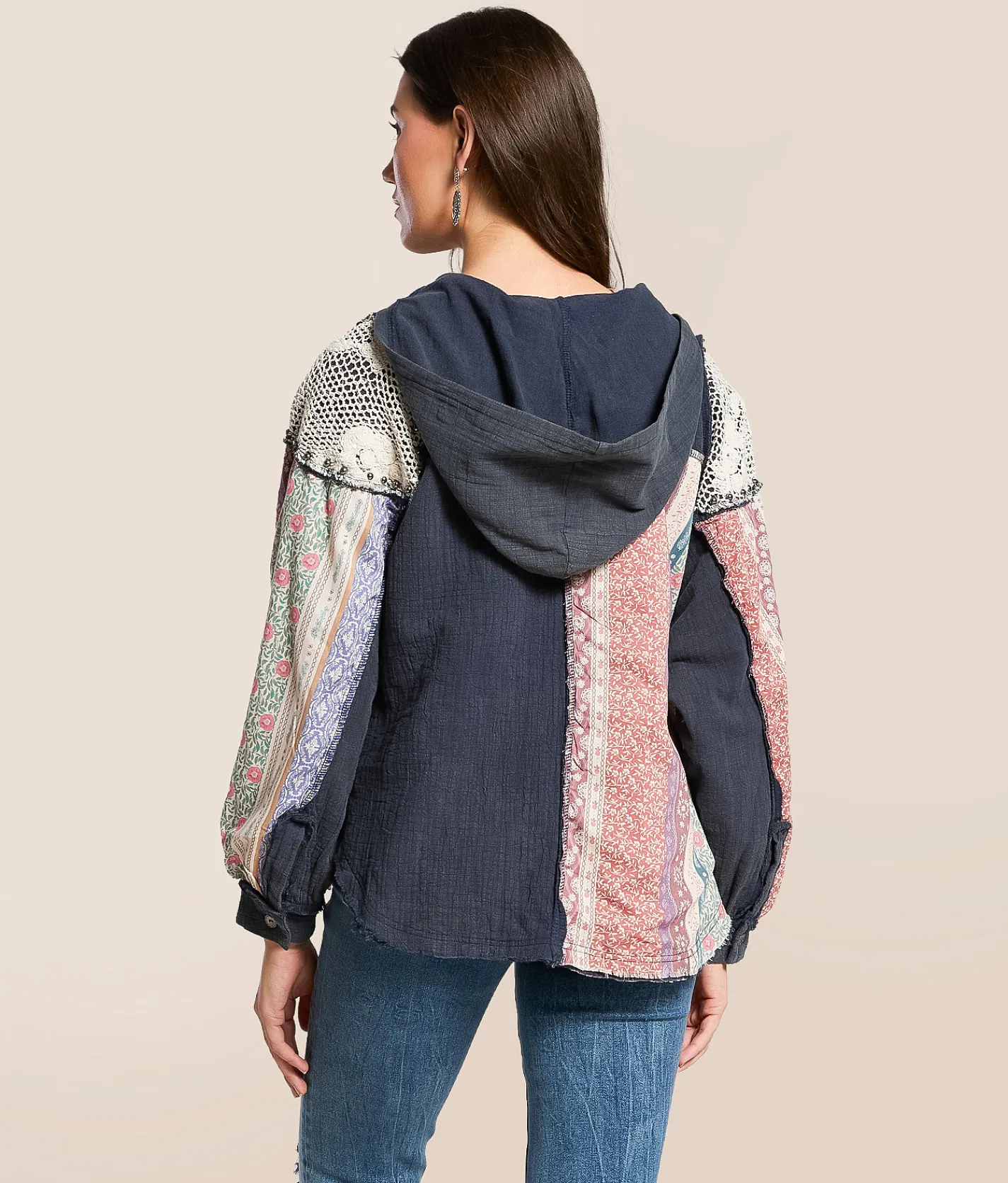 POL Pieced Floral Hooded Baby Doll Henley Navy Discount