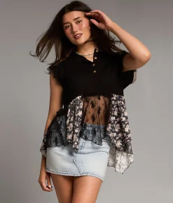 Tops | BKE Pieced Floral Lace Henley Black