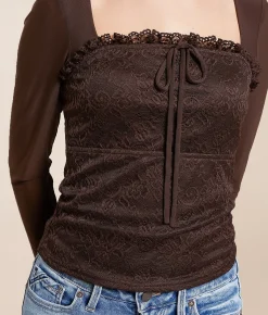 Tops | Willow & Root Pieced Floral Lace Top Brown