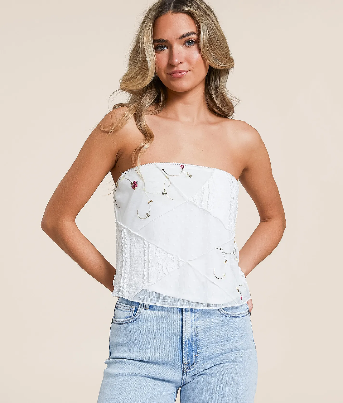 Willow & Root Pieced Floral Mesh Tube Top White Outlet