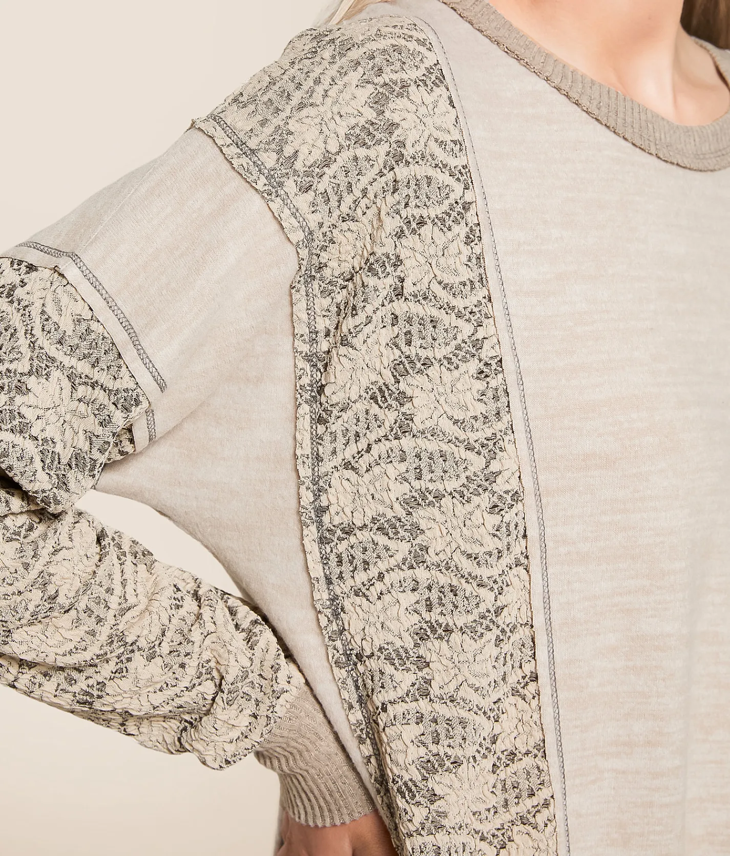 Tops | Daytrip Pieced Floral Pullover Beige