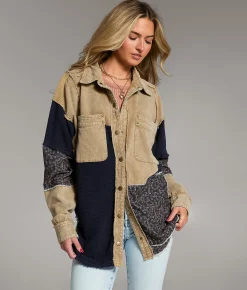 Tops|Coats & Jackets | BKE Pieced Floral Shacket Cream