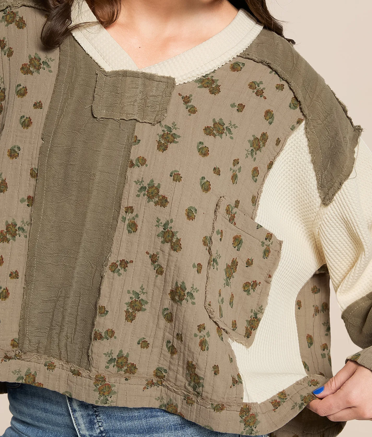 Tops | POL Pieced Floral Top Olive Multi