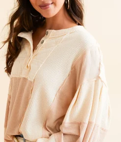 Tops | POL Pieced Henley Oversized Top Cream Beige