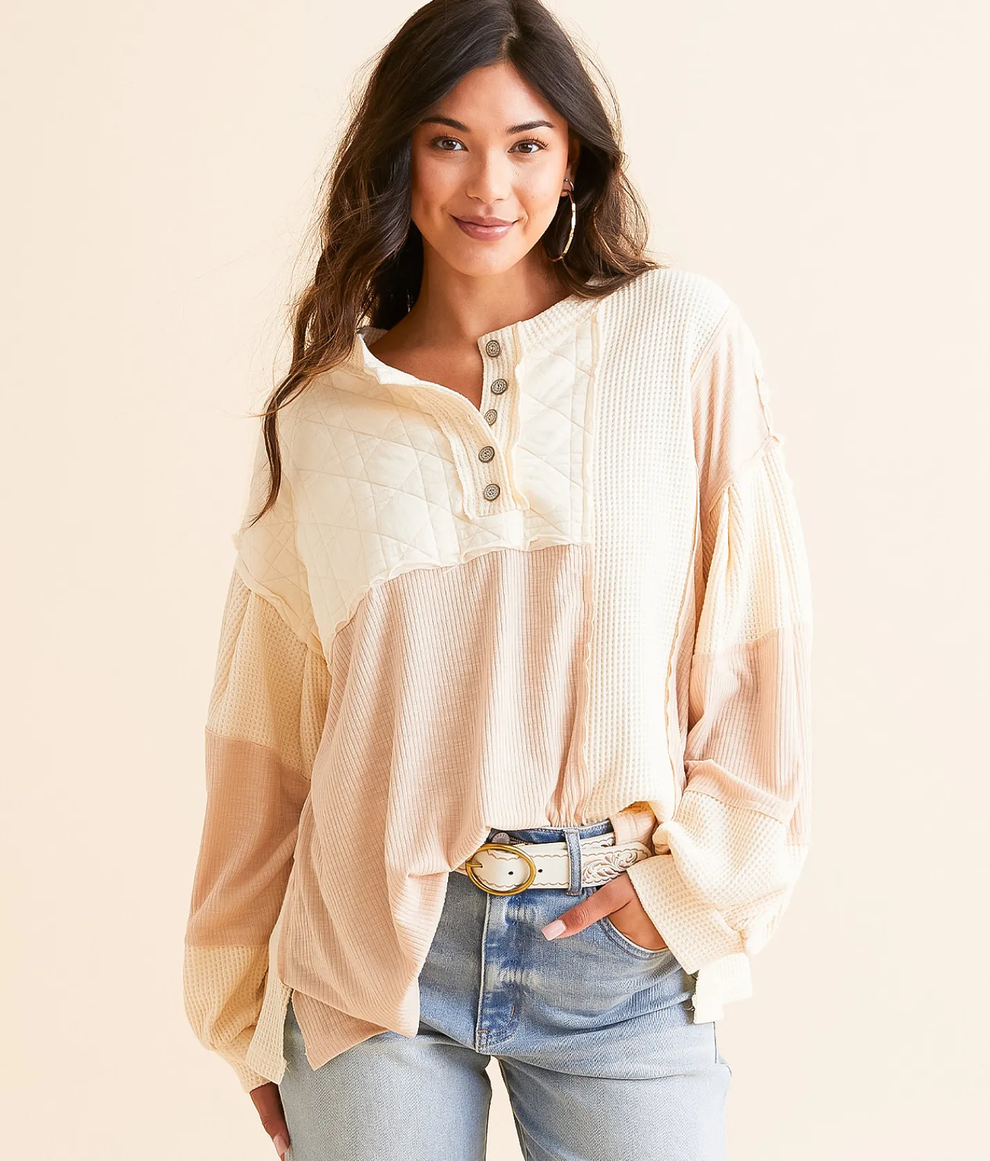 Tops | POL Pieced Henley Oversized Top Cream Beige
