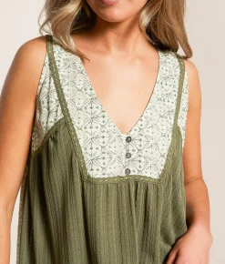 Daytrip Pieced Henley Tank Top Olive Hot