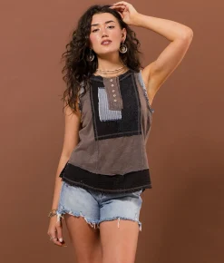 Tops | Gimmicks Pieced Henley Tank Top Brown Multi