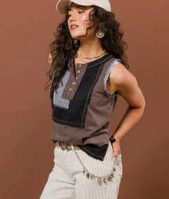 Tops | Gimmicks Pieced Henley Tank Top Brown Multi