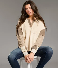 Tops | BKE Pieced Henley Top Cream