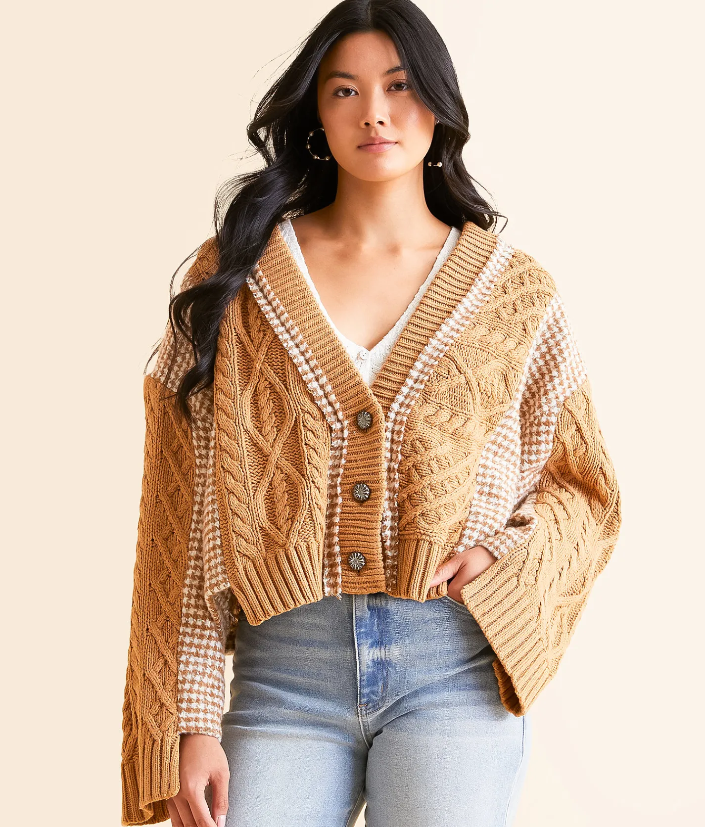 POL Pieced Houndstooth Cardigan Sweater Mocha Multi Online