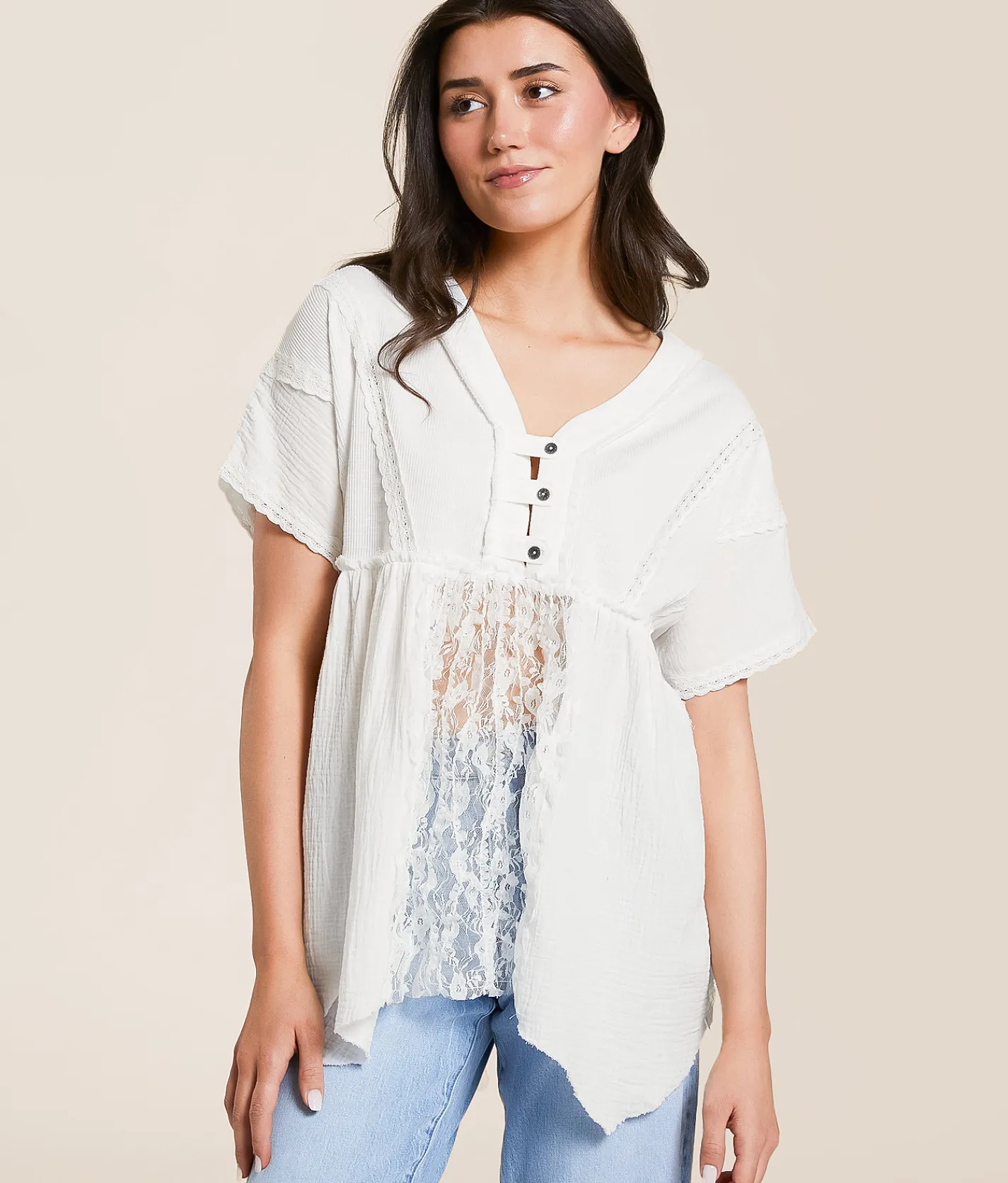 Tops | POL Pieced Lace Babydoll Henley Ivory