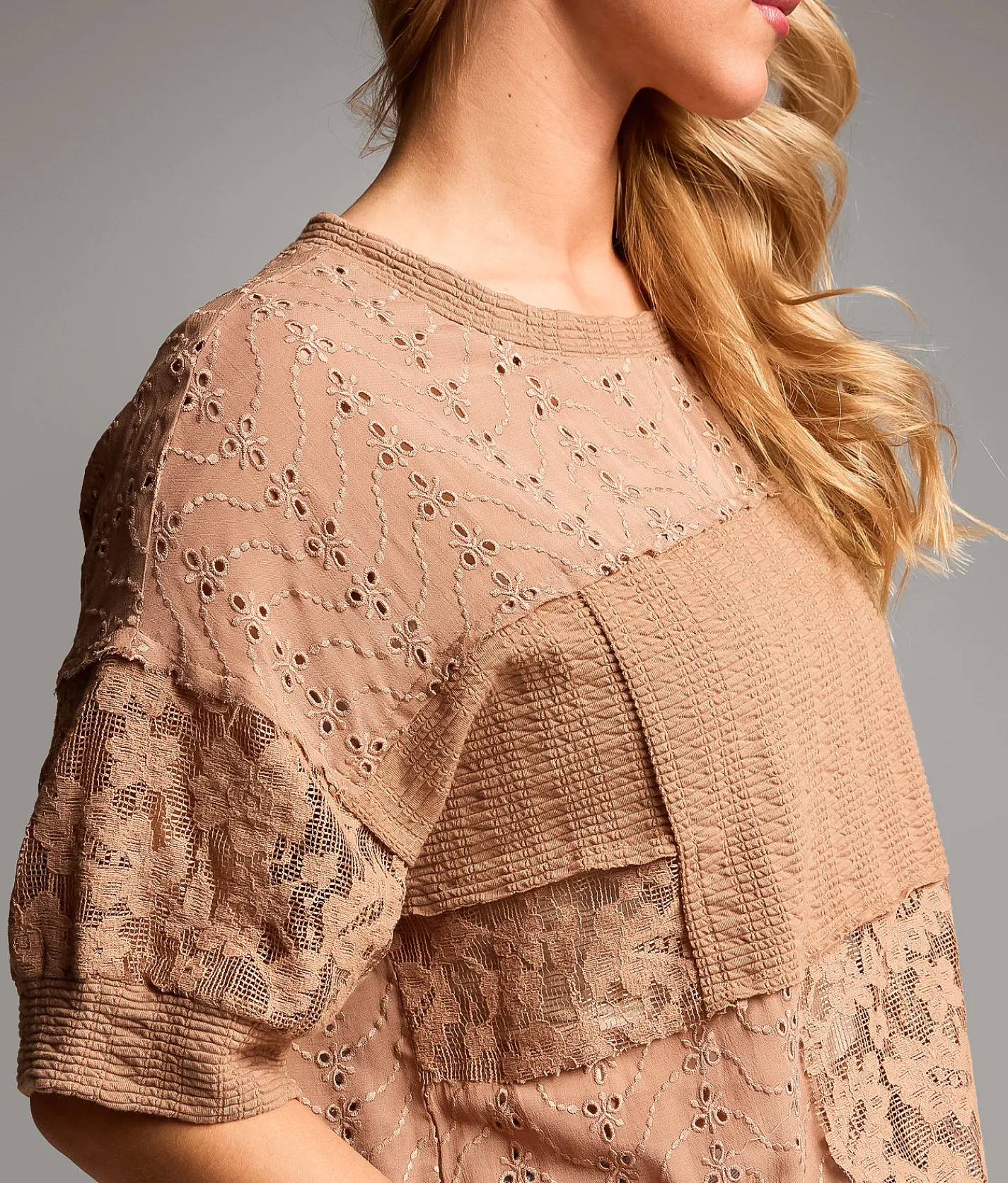 BKE Pieced Lace Eyelet Top Brown Sale