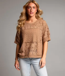 BKE Pieced Lace Eyelet Top Brown Sale