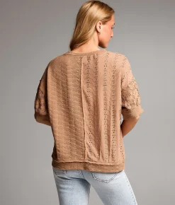 BKE Pieced Lace Eyelet Top Brown Sale