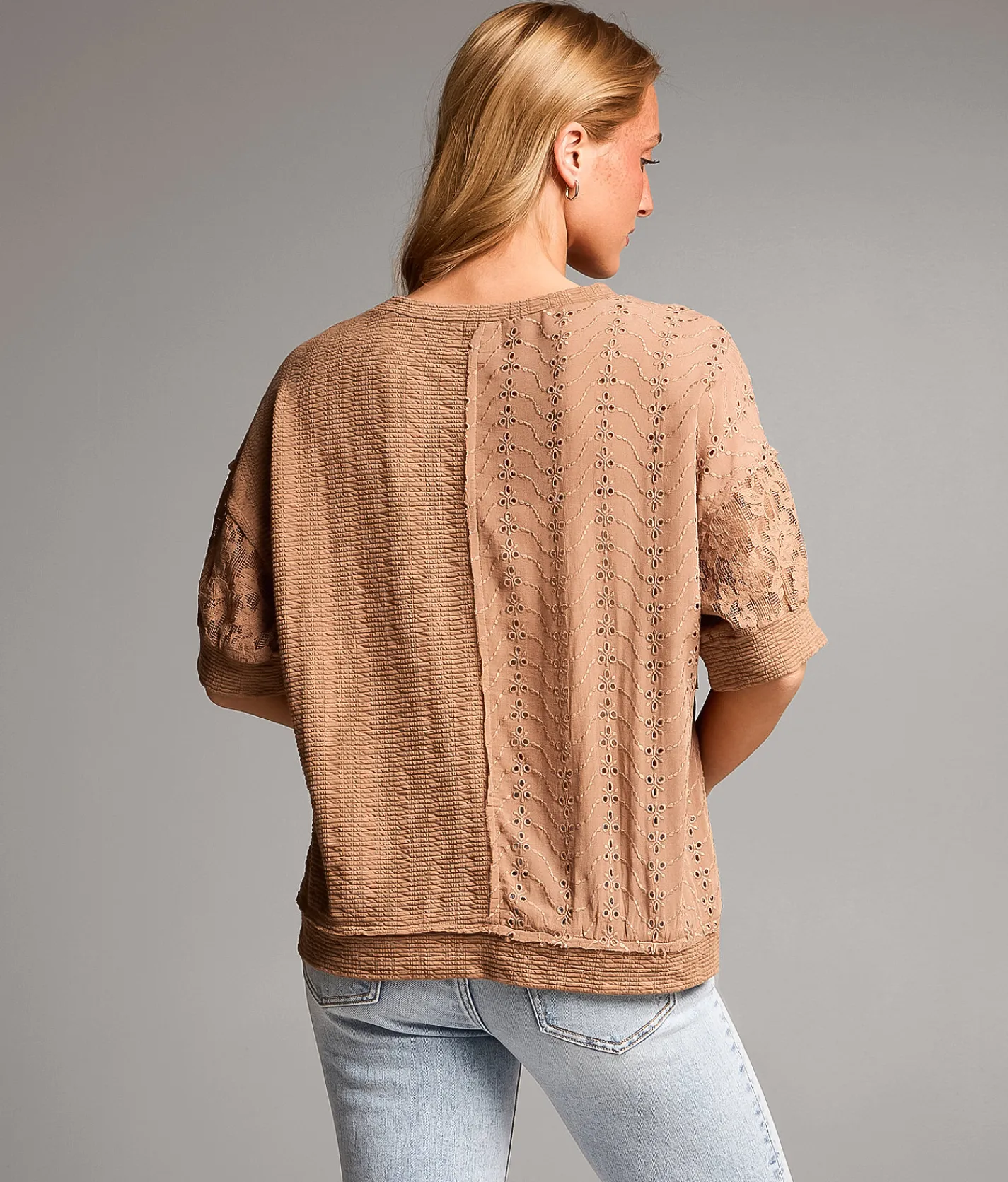 BKE Pieced Lace Eyelet Top Brown Sale