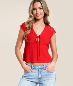 Tops | Willow & Root Pieced Lace Keyhole Top Red
