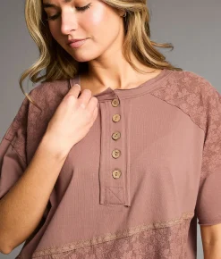 Tops | BKE Pieced Lace Oversized Henley Twilight Mauve