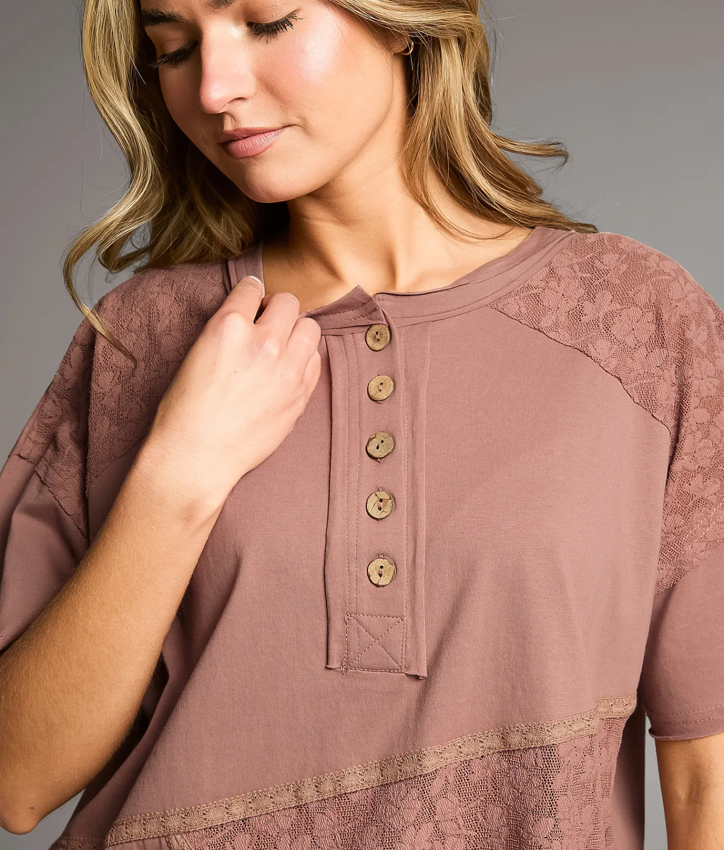 Tops | BKE Pieced Lace Oversized Henley Twilight Mauve