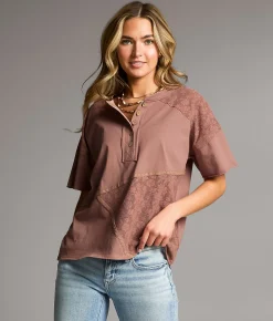Tops | BKE Pieced Lace Oversized Henley Twilight Mauve