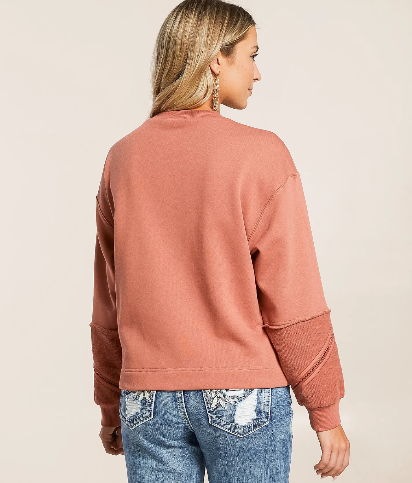 Tops | Miss Me Pieced Lace Pullover Mauve Pink