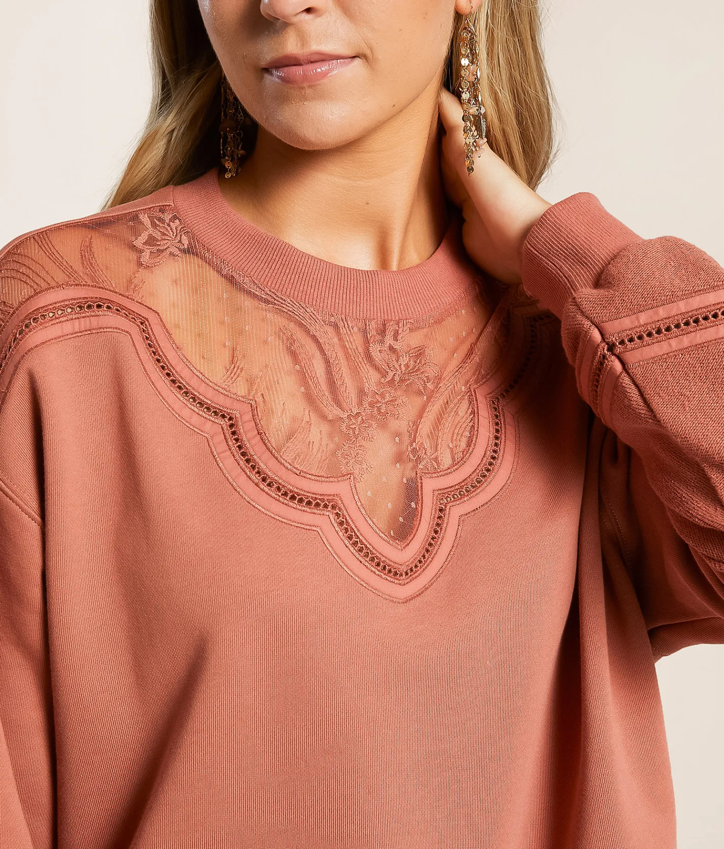 Tops | Miss Me Pieced Lace Pullover Mauve Pink