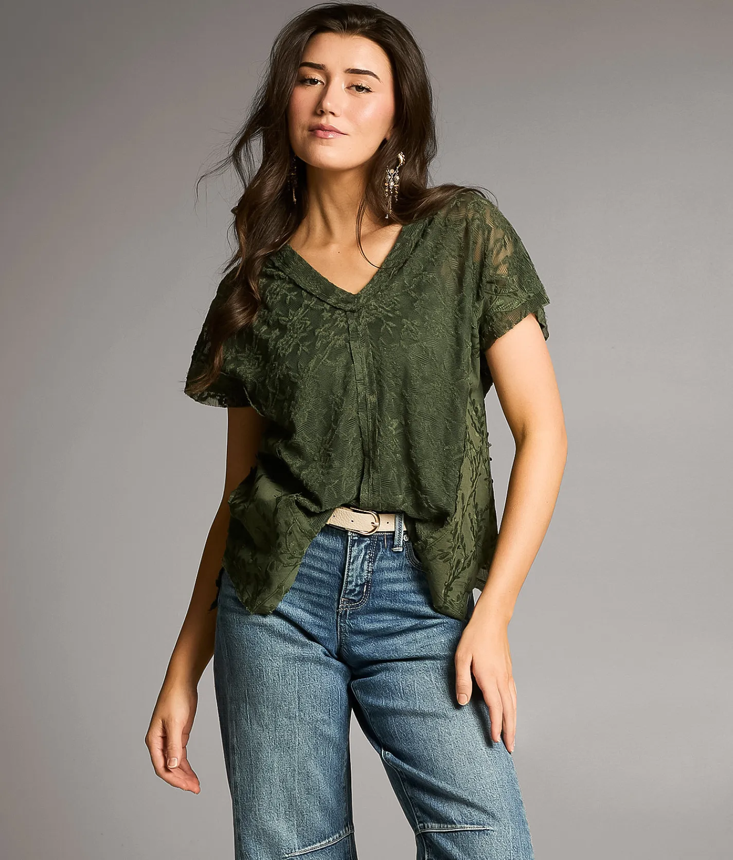 Tops | BKE Pieced Lace Top Thyme