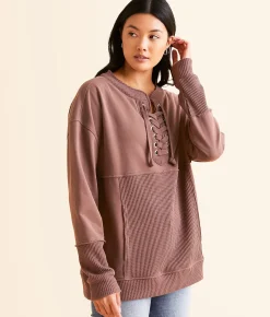 BKE Pieced Lace-Up Pullover Peppercorn Sale