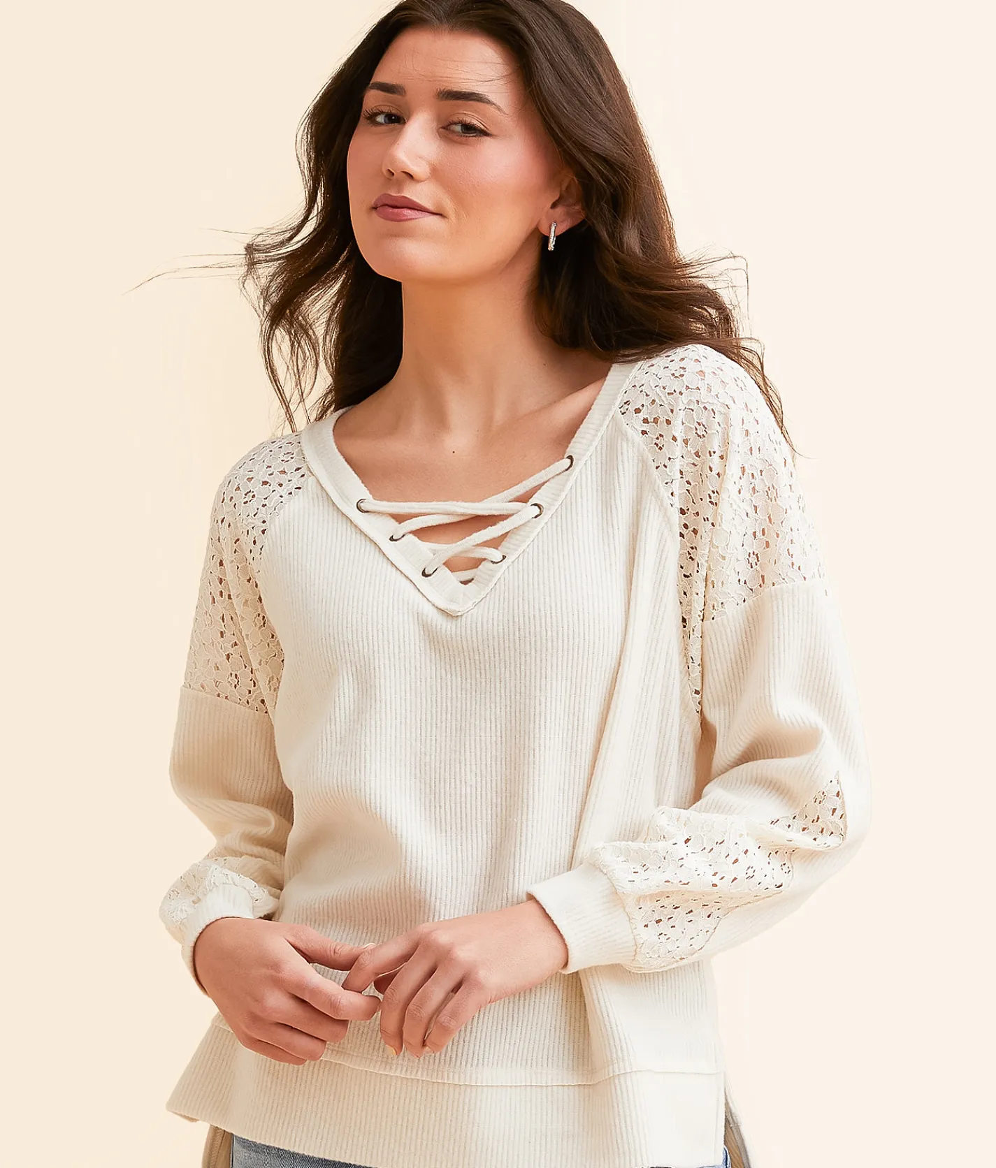 Daytrip Pieced Lace-Up Ribbed Top Birch