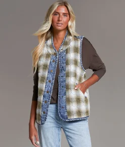 Tops|Coats & Jackets | BKE Pieced Plaid Denim Vest Vetiver