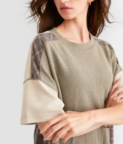 BKE Pieced Plaid Dolman Top Dark Olive Clearance