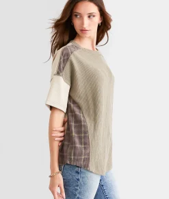 BKE Pieced Plaid Dolman Top Dark Olive Clearance