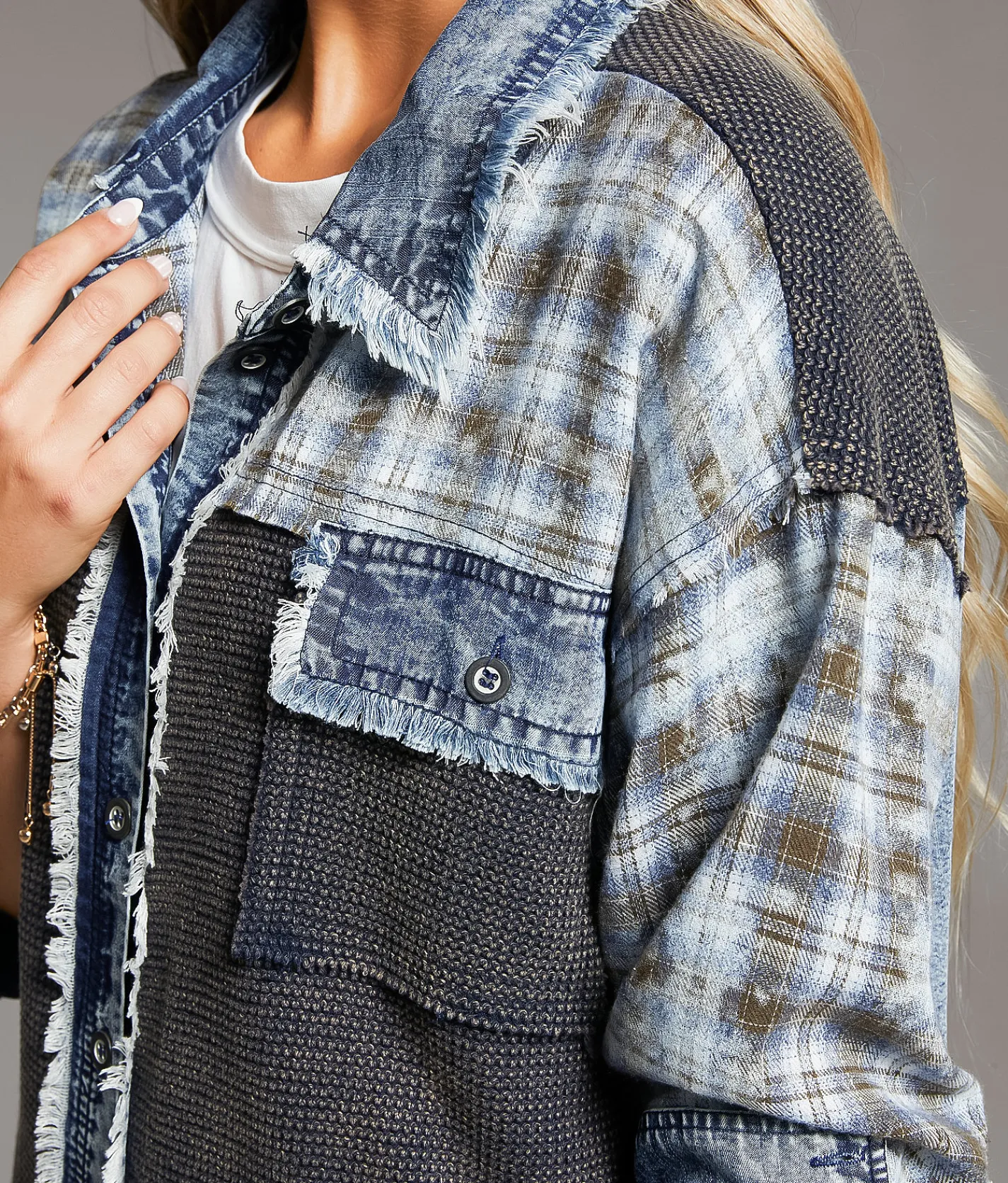 Tops|Coats & Jackets | BKE Pieced Plaid Frayed Shacket Multi