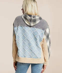 BKE Pieced Plaid Hooded Henley Pullover Blue White Plaid Outlet