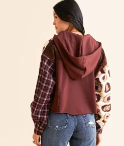 Tops|Coats & Jackets | Miss Me Pieced Plaid Hooded Jacket Brick Red
