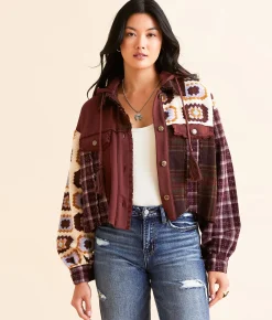 Tops|Coats & Jackets | Miss Me Pieced Plaid Hooded Jacket Brick Red