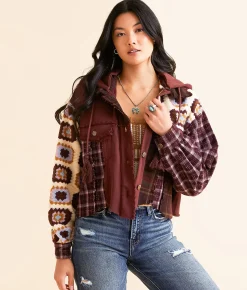Tops|Coats & Jackets | Miss Me Pieced Plaid Hooded Jacket Brick Red