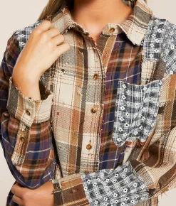 Miss Me Pieced Plaid Hooded Shacket Taupe Beige