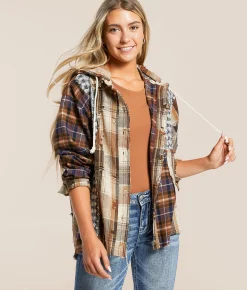 Miss Me Pieced Plaid Hooded Shacket Taupe Beige