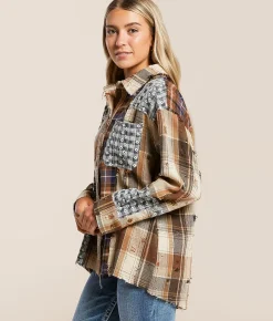 Miss Me Pieced Plaid Hooded Shacket Taupe Beige