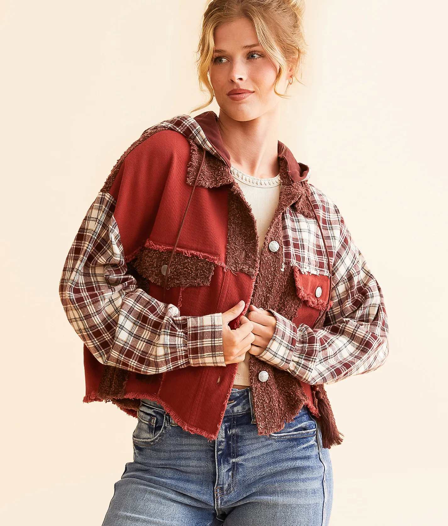 Miss Me Pieced Plaid Hooded Shacket Multi Red Discount