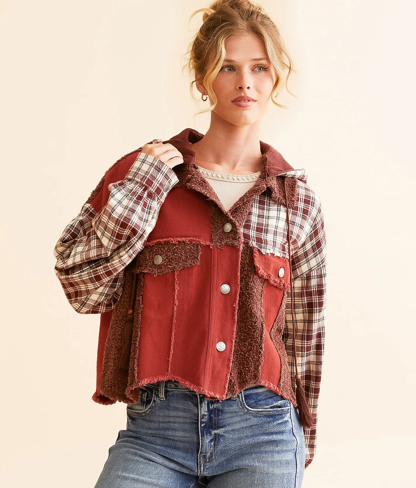 Miss Me Pieced Plaid Hooded Shacket Multi Red Discount