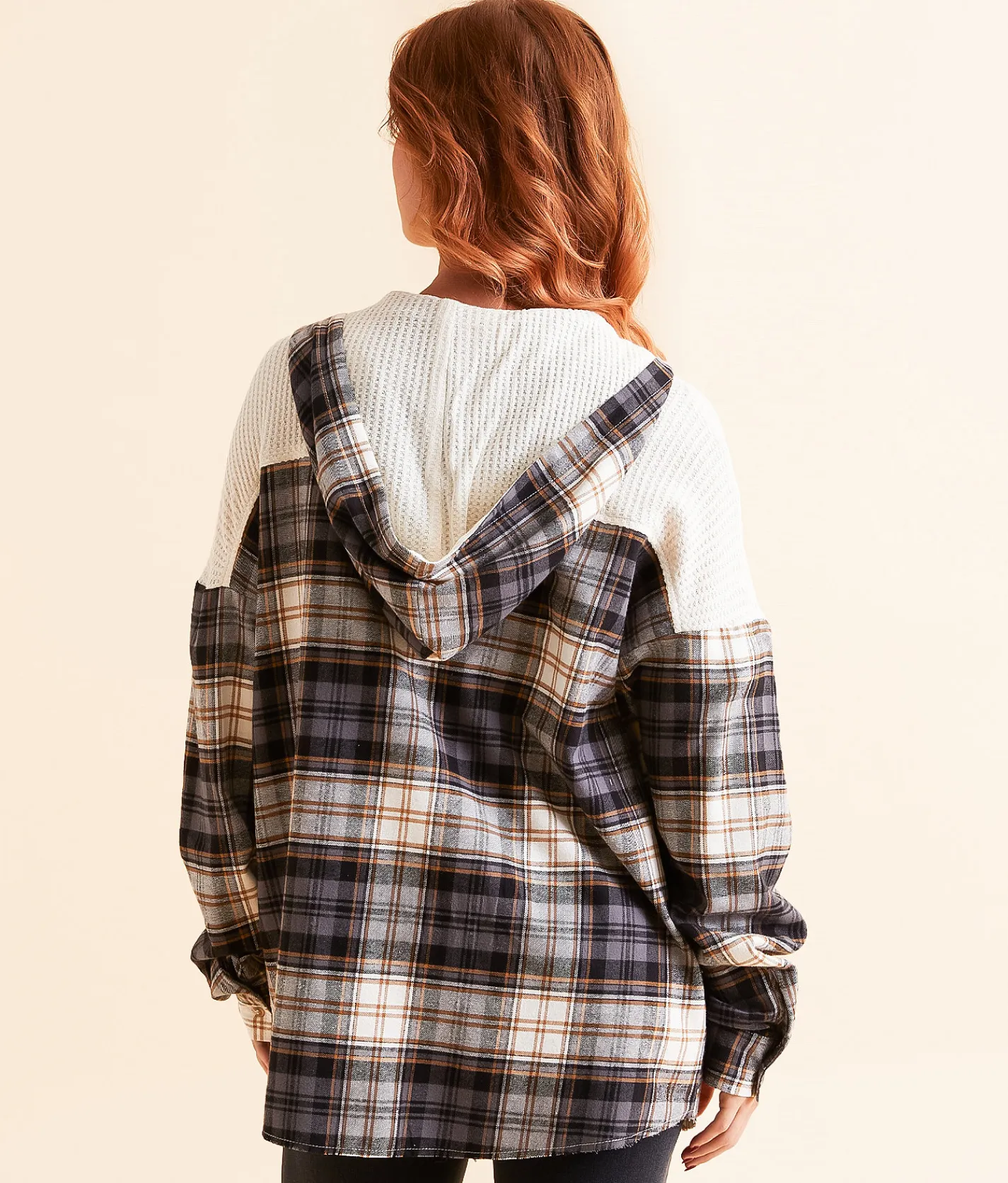 BKE Pieced Plaid Hooded Shirt Black Wht Biscuit Best