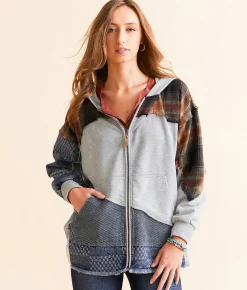 Tops | BKE Pieced Plaid Hoodie Heather Grey