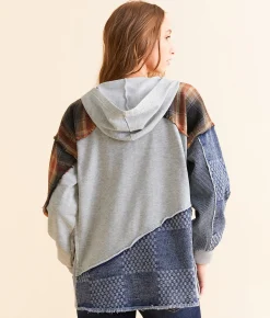 Tops | BKE Pieced Plaid Hoodie Heather Grey