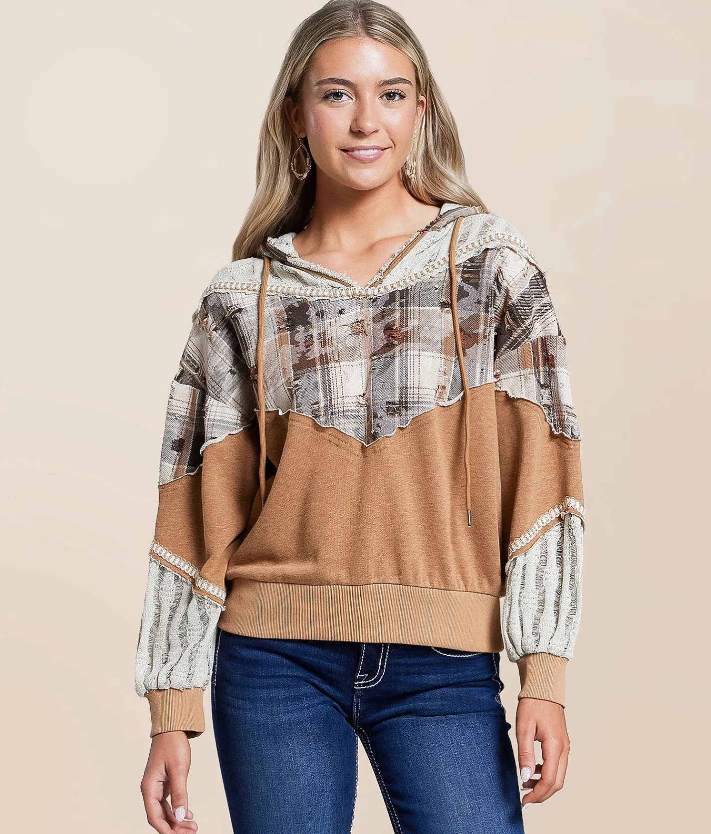 Miss Me Pieced Plaid Hoodie Multi Brown