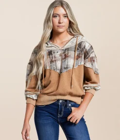 Miss Me Pieced Plaid Hoodie Multi Brown