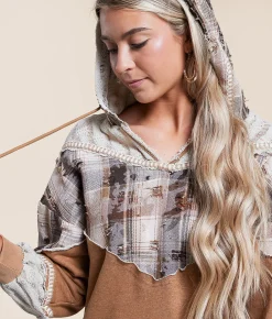 Miss Me Pieced Plaid Hoodie Multi Brown